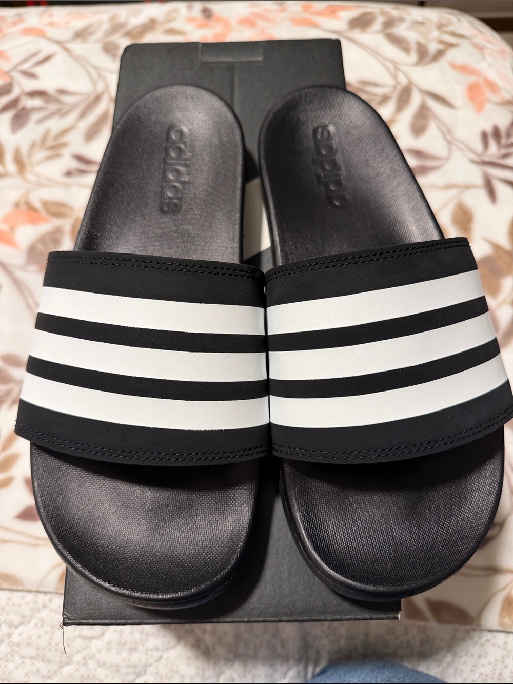 adidas Black & White Three-Stripe Kids Slide Sandals